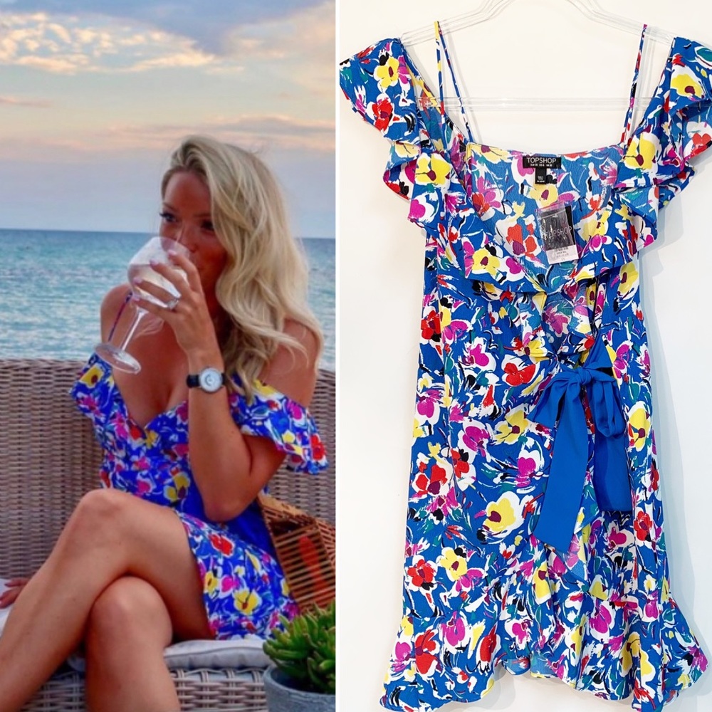 Floral Ruffle Wrap Mini Dress - Blue - Picture 2 of 7